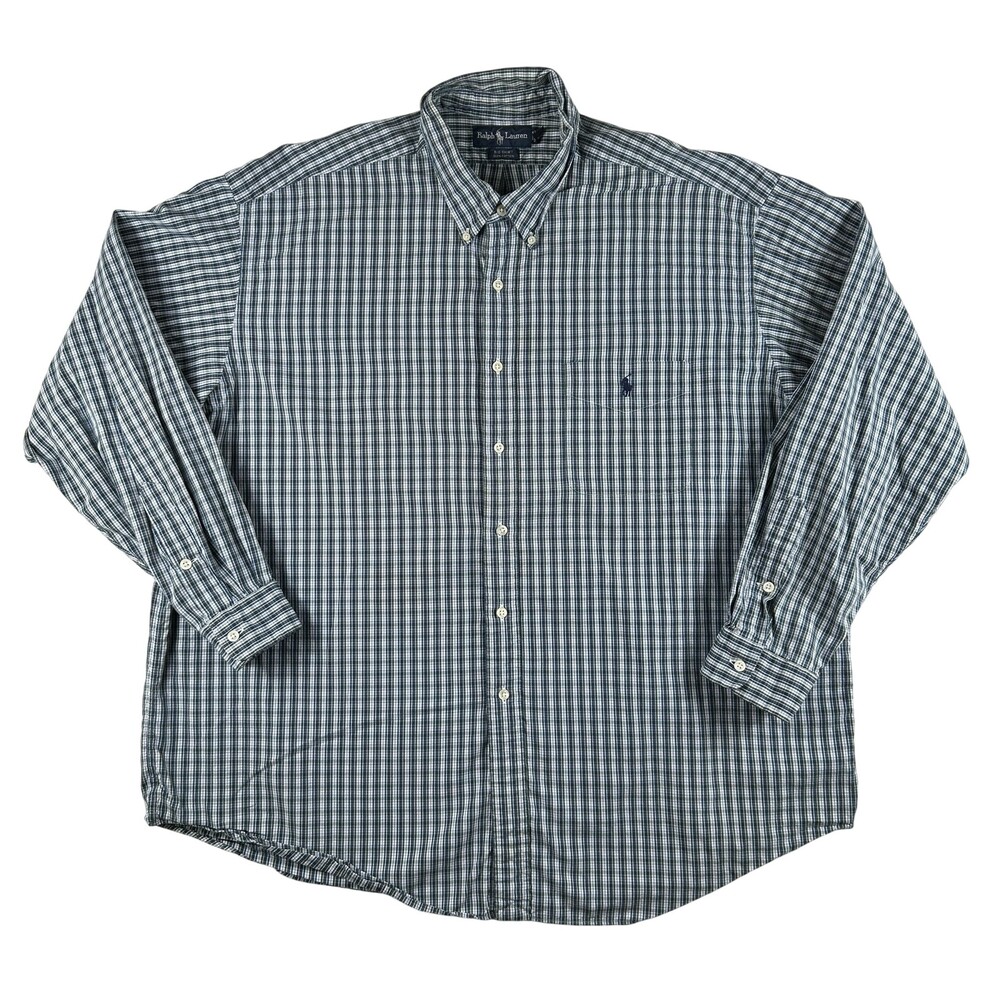 Ralph Lauren Shirt Mens Big 2XL Blue Check Long Sleeve Button Down Cotton Casual